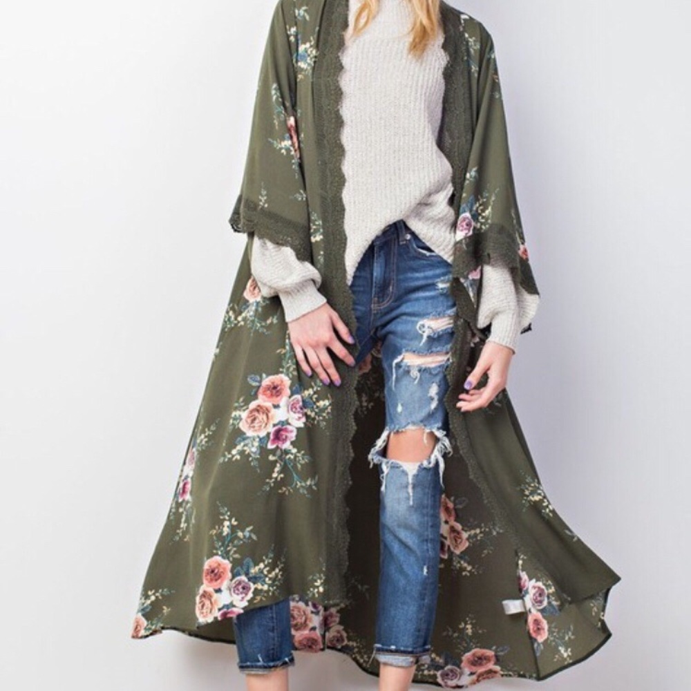 Beautiful Floral Olive Kimono! Floor length!